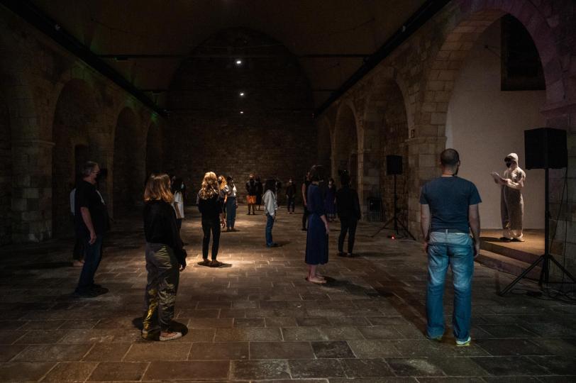 Performance Esdevenir mascareta, aire, guant, aigua, granota, terra, museu, llum...